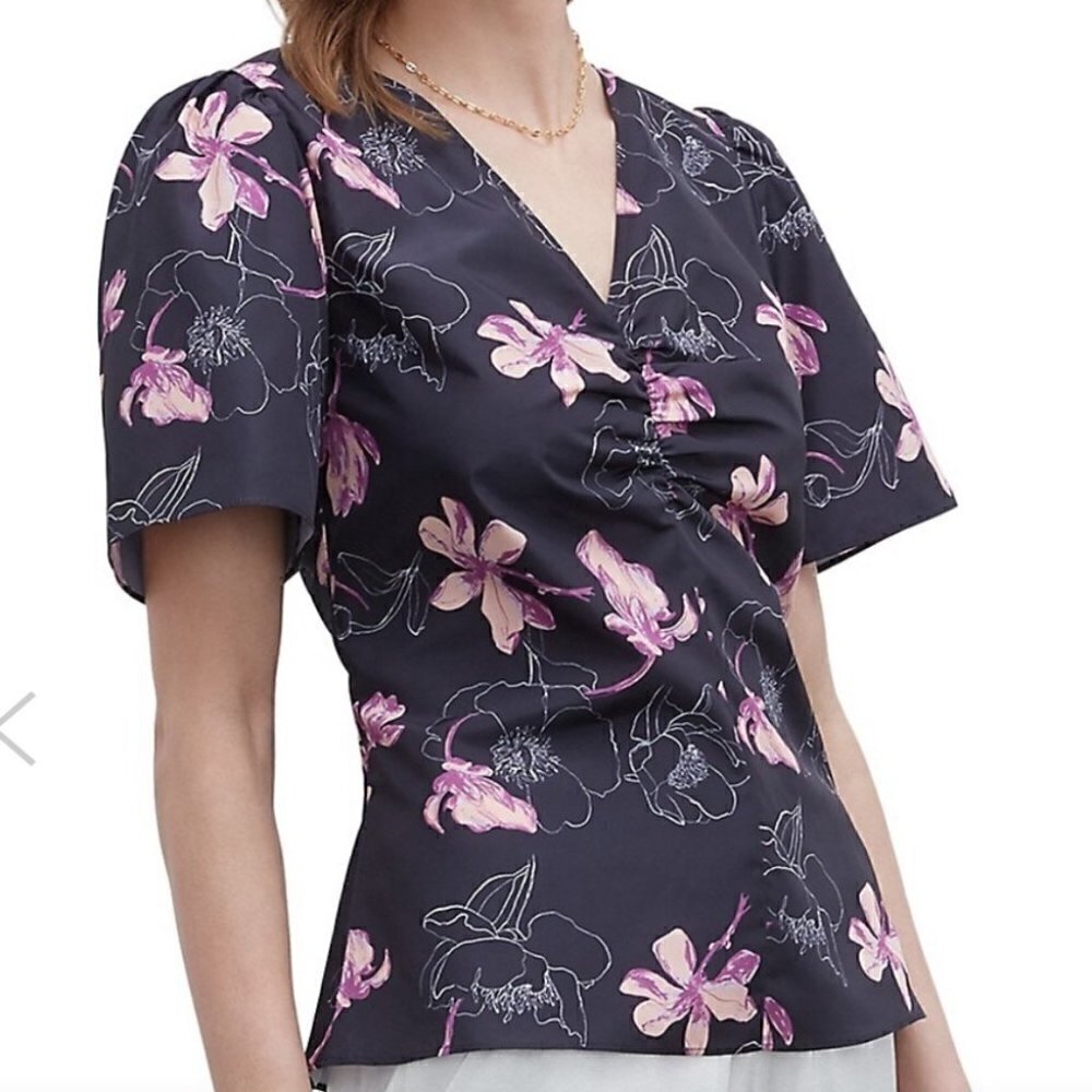 CLUB Monaco NWT Ruched Flutter Sleeve Top floral career shirt sz small